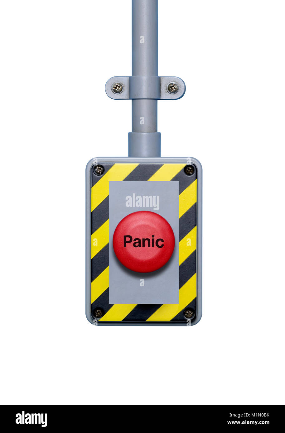 A cut out shot of an industrial looking red panic button Stock Photo