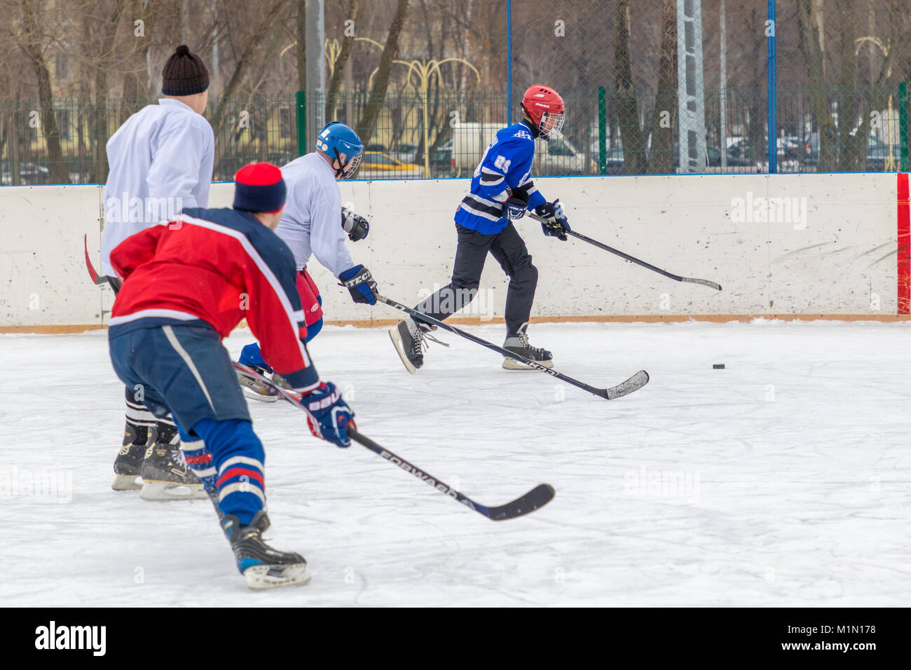 Moscow, Russia - January, 28, 2018: Amateur hockey game at a local stadium in Kolomenskoye district Stock Photo