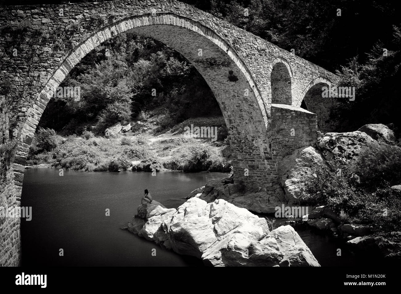 abstract black and white landscape with old stone bridge in deep forest ...