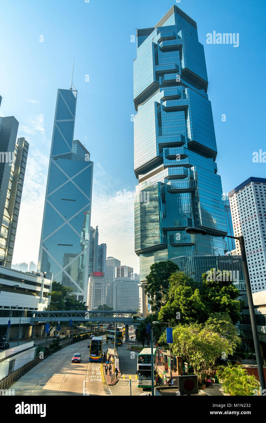 Skyscrapers in Admiralty along Queensway in Hong Kong City Stock Photo