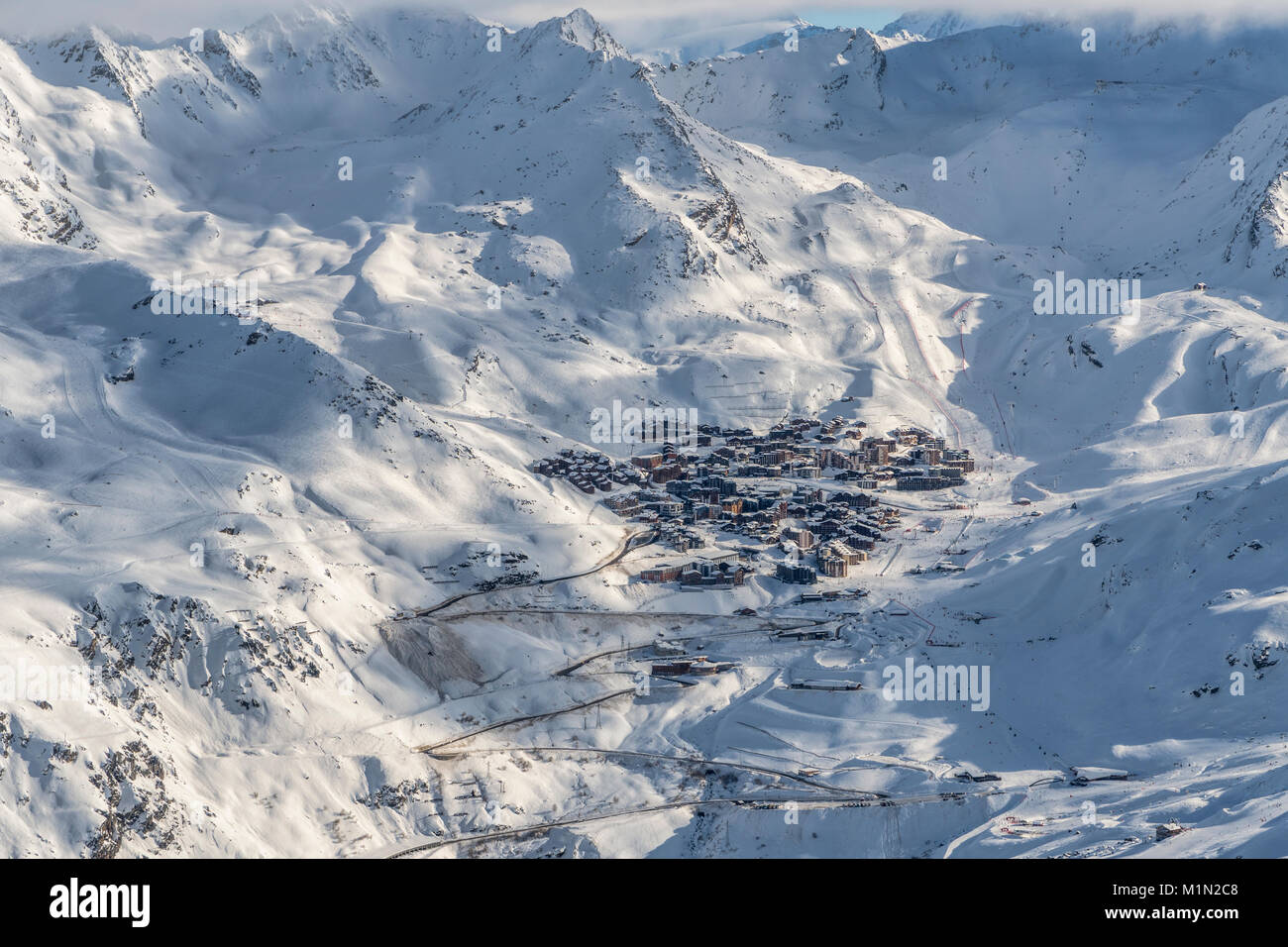 Distant view from La Masse of the ski resort of Val Thorens in the Bellevill Valley in the Three Valleys ski region of France Stock Photo