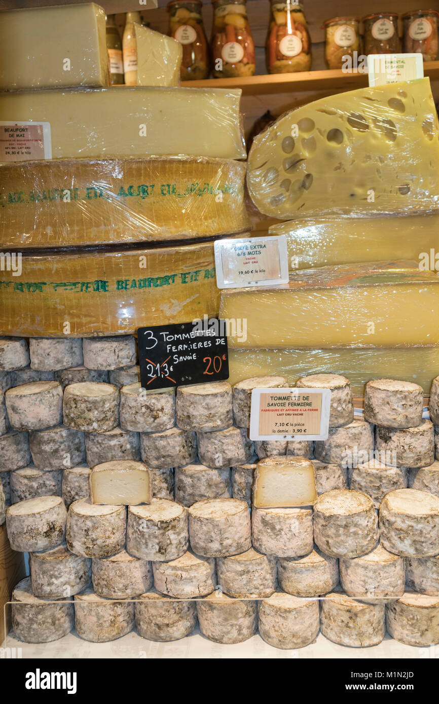 Interior of a shop in the Commercial Centre of Les Menuires in the the French alps, specialising in local food and drink - especially mountain cheese. Stock Photo