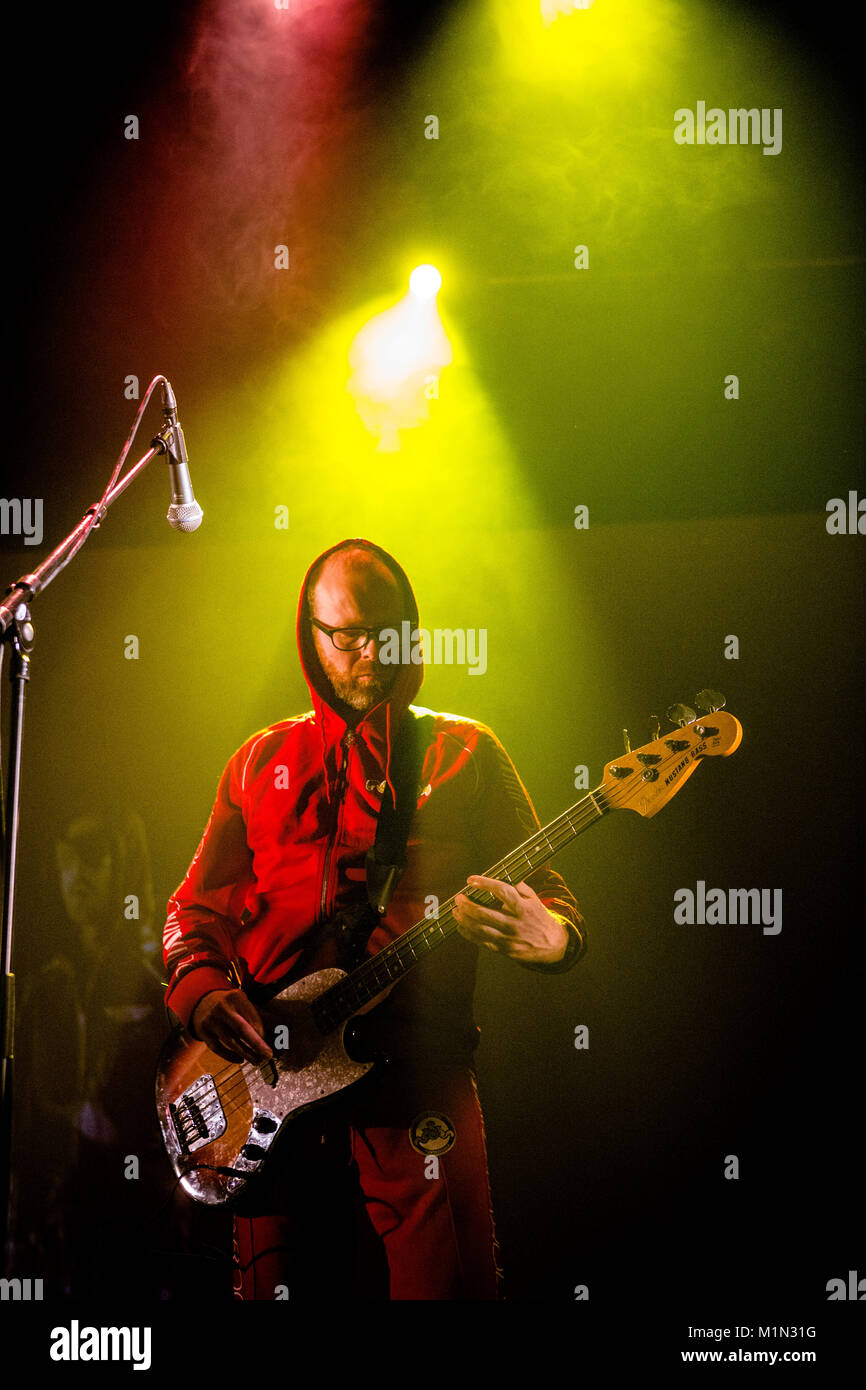 The red jumpsuit-wearing Norwegian electronic rock band Datarock is here  seen doing a sound check before a live concert at USF Verftet in Bergen.  Here bass player Ketil Mosnes is seen live