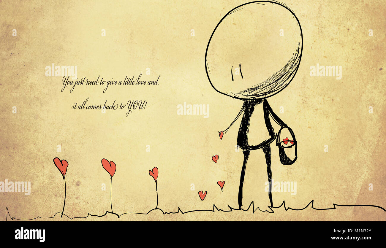 unknown love quote background with drowing hearts and small cute man Stock  Photo - Alamy