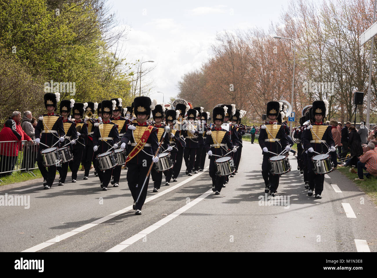 The Drum and Showband Adest Musica, a marching band from Sassenheim in Holland, taking part in the annual flower parade. The parade  involves  twenty  Stock Photo