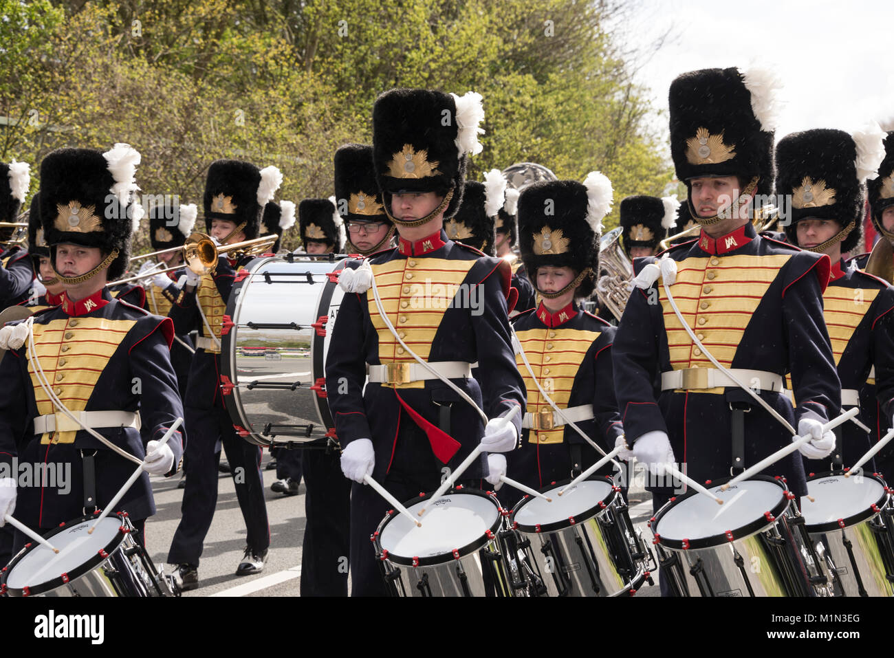 The Drum and Showband Adest Musica, a marching band from Sassenheim in Holland, taking part in the annual flower parade. The parade  involves  twenty  Stock Photo