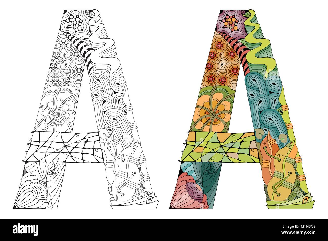 Handpainted art design. Letter A zentangle objects. Colored and