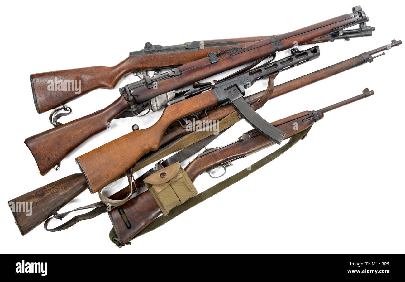 set of antique firearms weapons, rifles, machine guns isolated on white ...