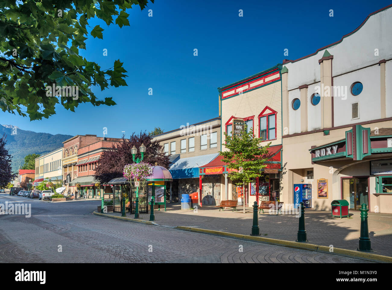 Historic buildings at Grizzly Plaza, Mackenzie Avenue, Revelstoke, British Columbia, Canada Stock Photo
