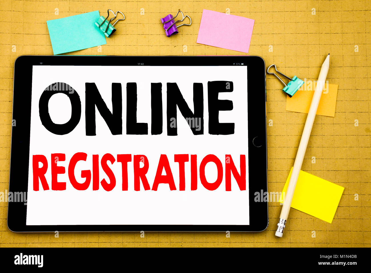 Hand writing text caption inspiration showing Online Registration ...