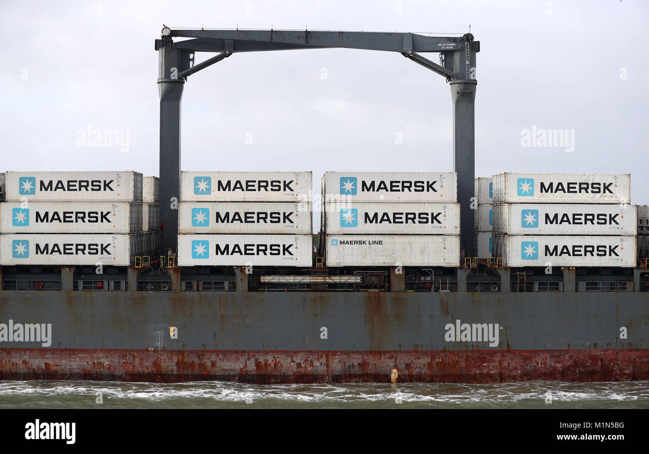 Maersk containers onboard the container ship Hammonia Husum, as it leaves Portsmouth harbour