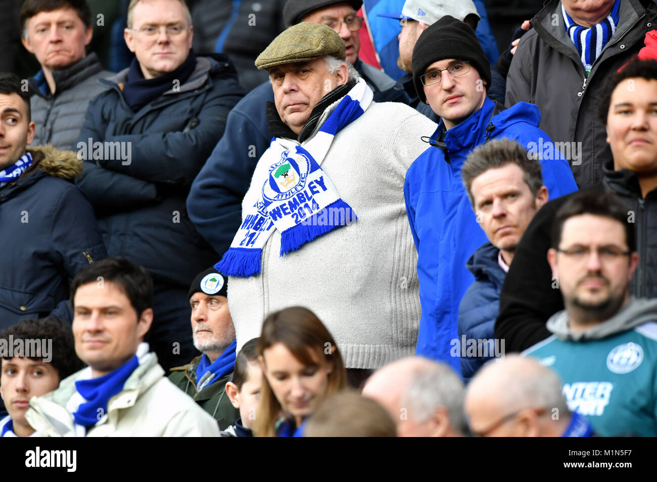A Wigan Athletic fan in the stands shows his support Stock Photo Alamy