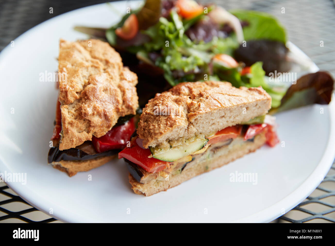 Healthy Vegetarian Sandwich On Plate In Coffee Shop Stock Photo