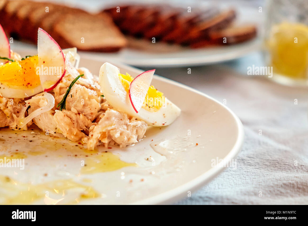 Arctic Char pate with hard-boiled eggs, dill, radishes and rye bread Stock Photo