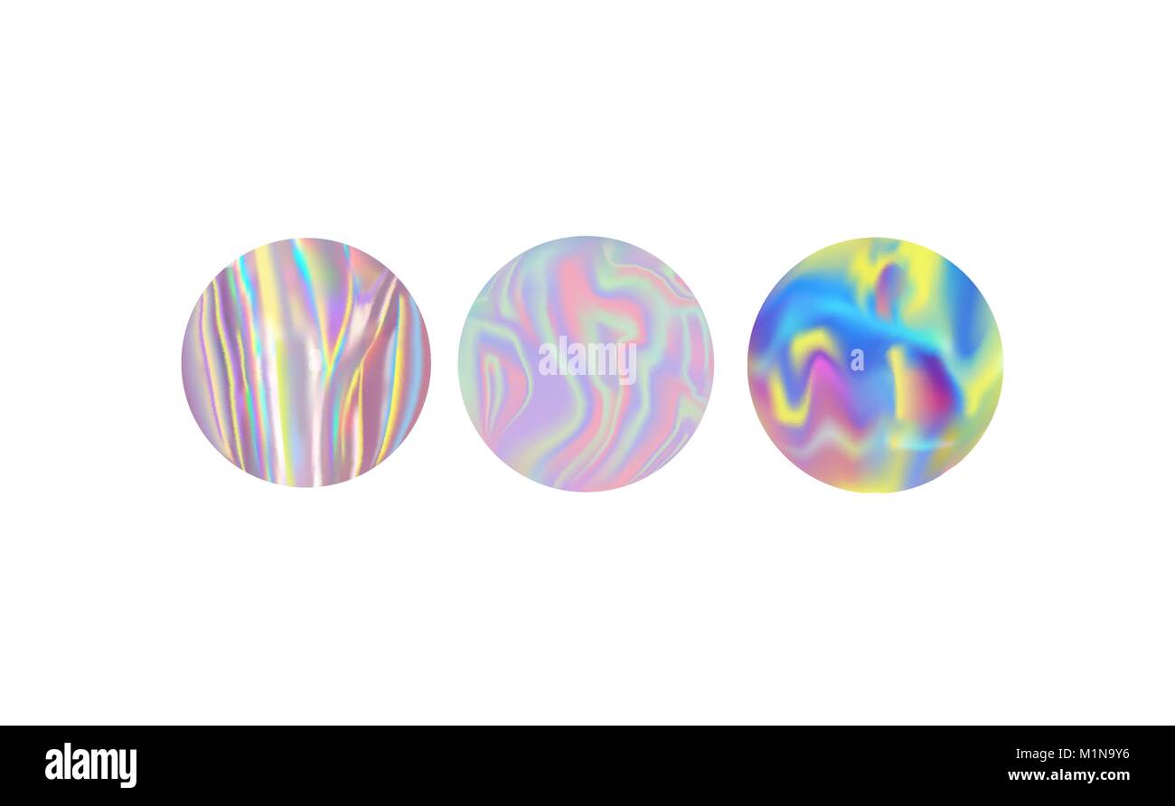 Set of trendy holographic color round stickers, vector illustration Stock Vector