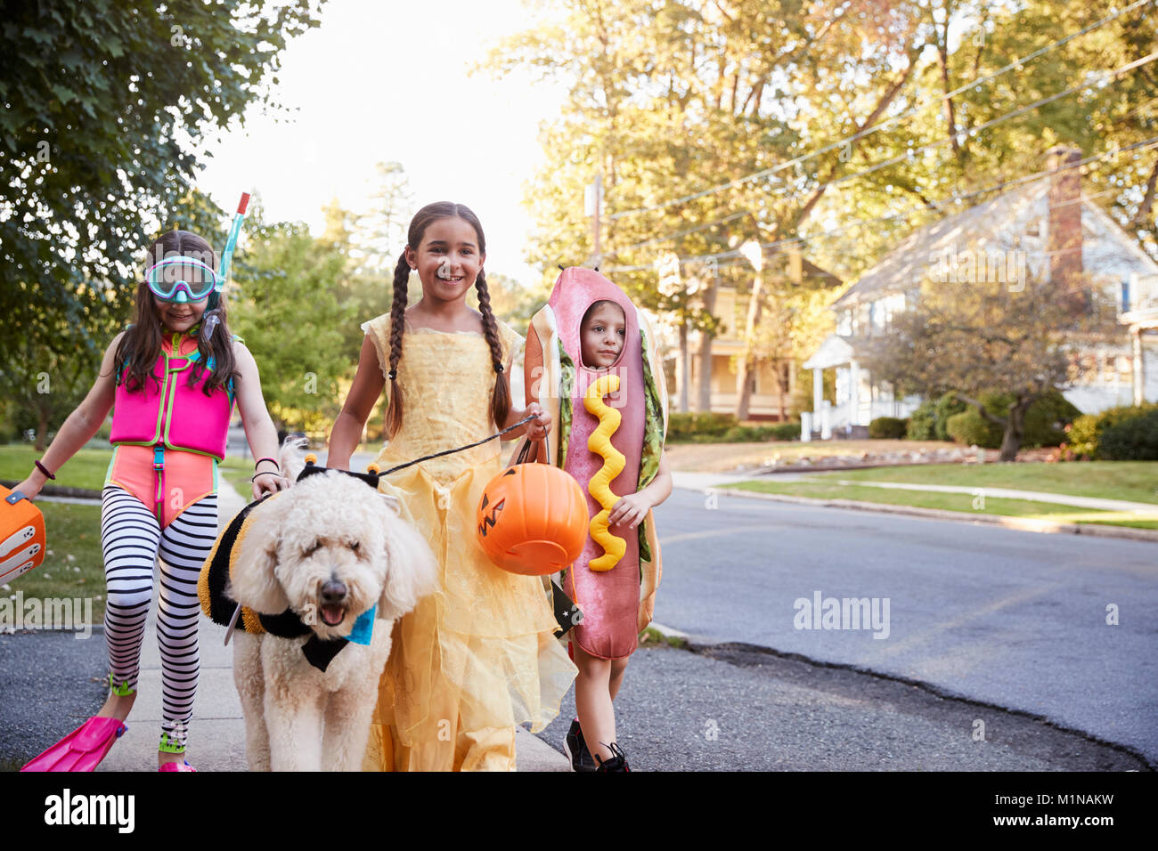 Children And Dog In Halloween Costumes For Trick Or Treating Stock Photo