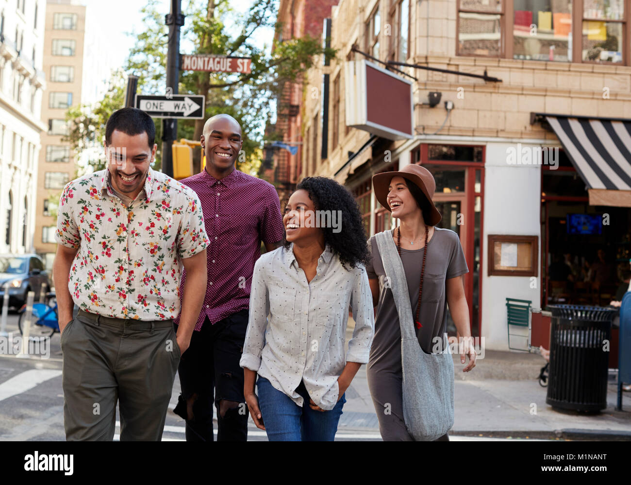 Group Of Friends Crossing Urban Street In New York City Stock Photo Alamy