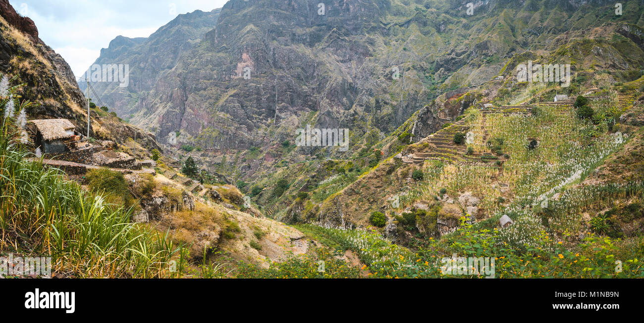 Panoramic view of the fertile ravine valley with its agricultural terraces on Santa Antao island in Cape Verde Stock Photo