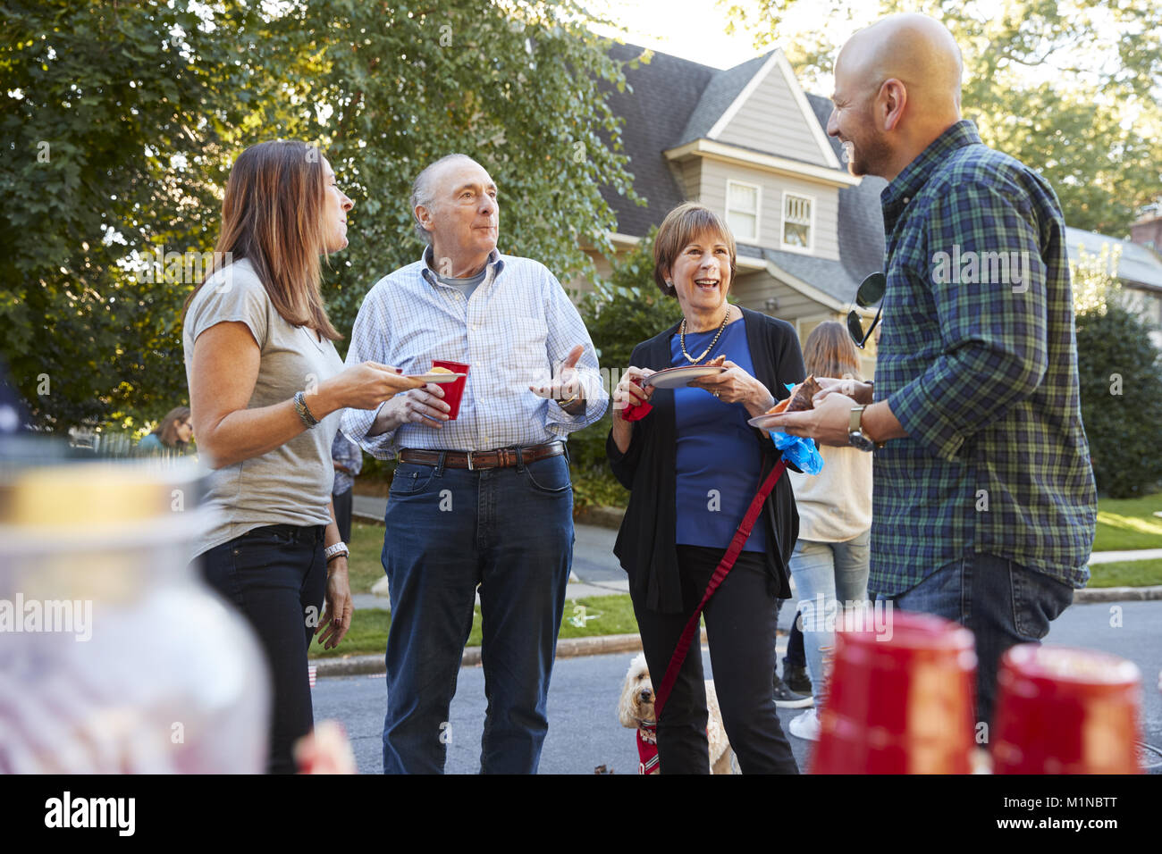 Middle aged and senior neighbours talking at a block party Stock Photo