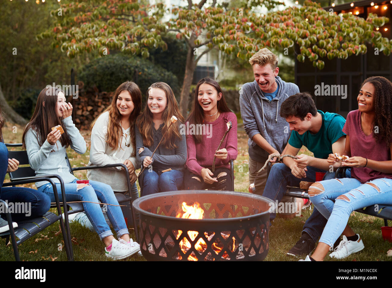 Teenage friends sit round a fire pit toasting marshmallows Stock Photo