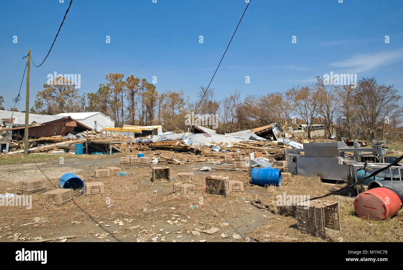 Remnants of a destroyed seafood house in the wake of hurricane Katrina. Coden, Mobile County, Alabama. Hurricane Katrina made landfall August 29, 2005 Stock Photo