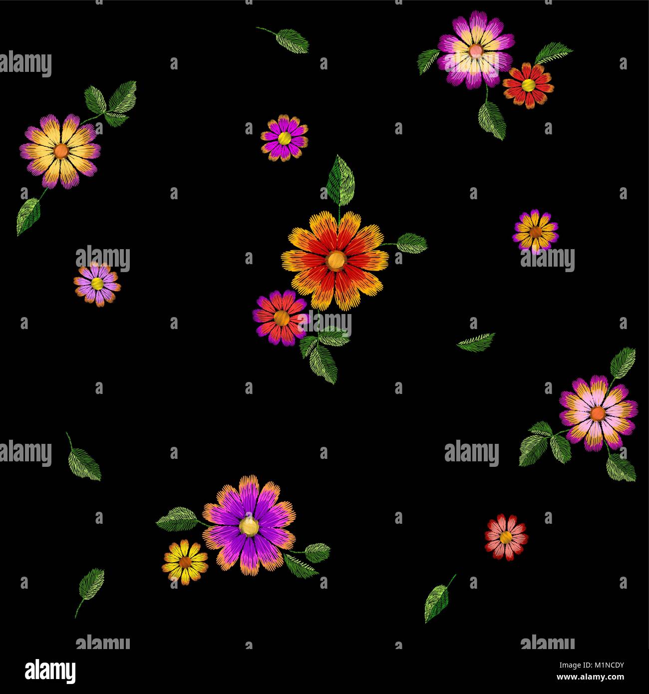 Bright flower embroidery colorful seamless pattern. Fashion decoration stitched texture template. Ethnic traditional daisy field plant leaves textile print design vector illustration Stock Vector