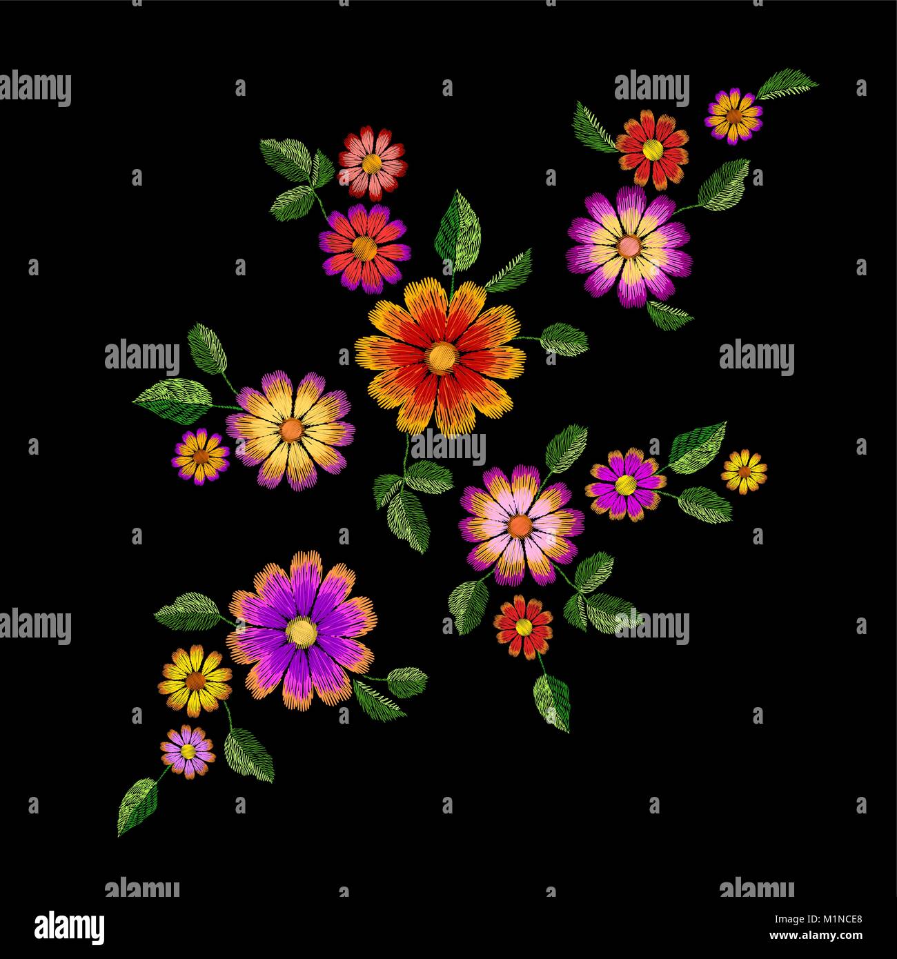Bright flower embroidery colorful patch. Fashion decoration stitched texture template. Ethnic traditional daisy field plant leaves textile print design vector illustration Stock Vector