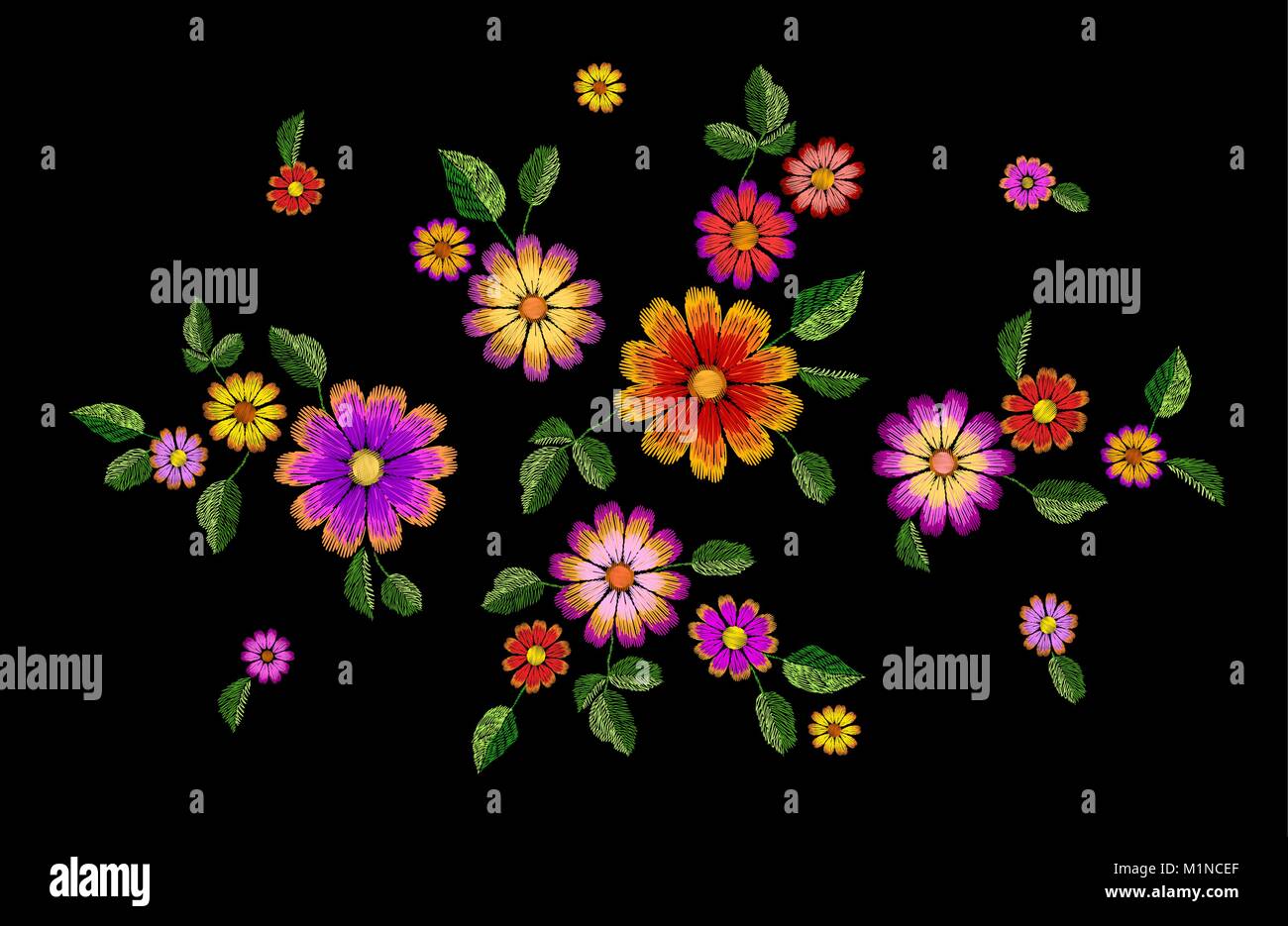 Bright flower embroidery colorful patch. Fashion decoration stitched texture template. Ethnic traditional daisy field plant leaves textile print design vector illustration Stock Vector