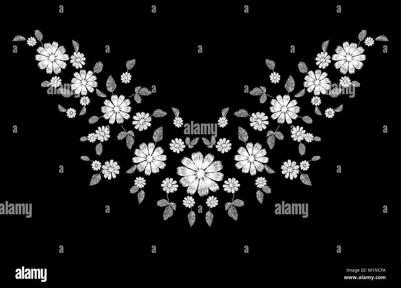 White lace flower embroidery neckline ornament. Fashion decoration stitched texture template. Ethnic traditional daisy field plant leaves textile print design vector illustration Stock Vector