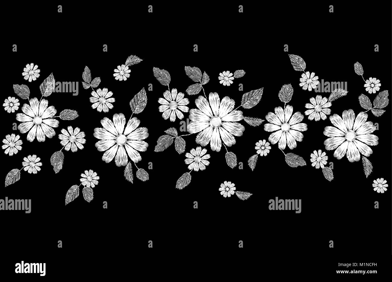 White lace flower embroidery seamless border. Fashion decoration stitched texture template. Ethnic traditional daisy field plant leaves textile print design vector illustration Stock Vector