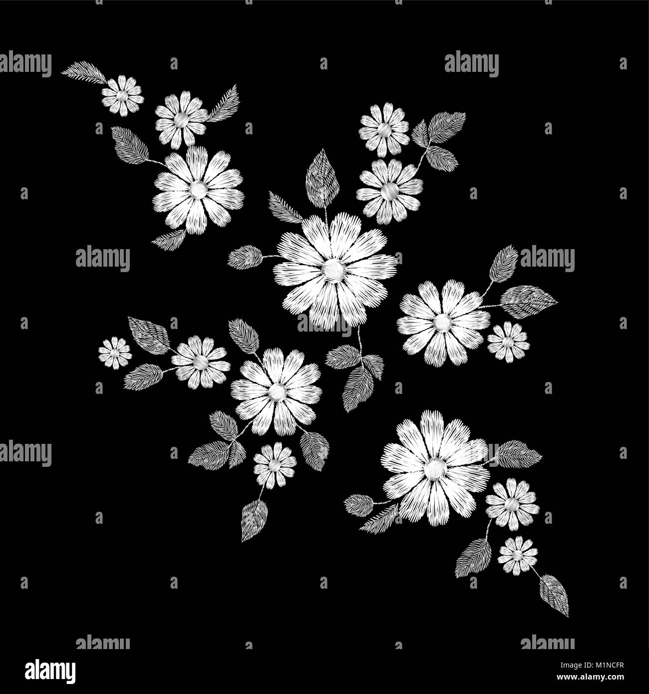 White lace flower embroidery patch. Fashion decoration stitched texture template. Ethnic traditional daisy field plant leaves textile print design vector illustration Stock Vector