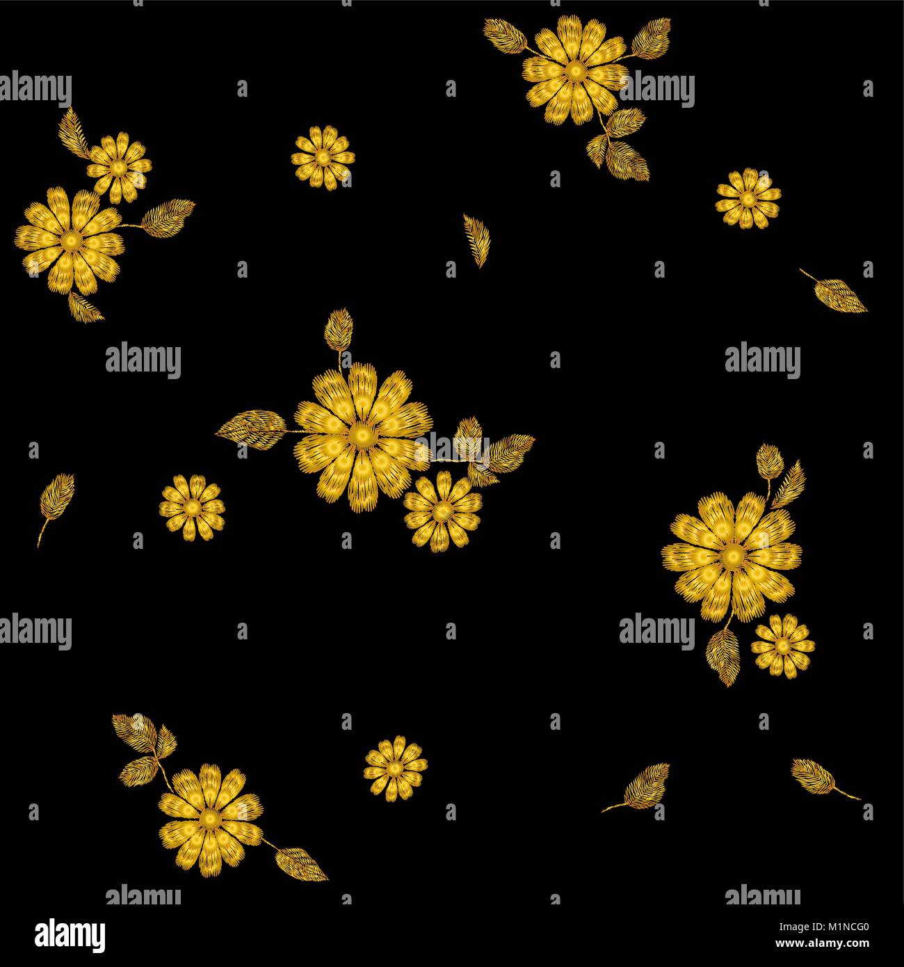 Gold flower embroidery seamless pattern. Fashion decoration stitched texture template. Ethnic traditional daisy field plant leaves textile print design vector illustration Stock Vector