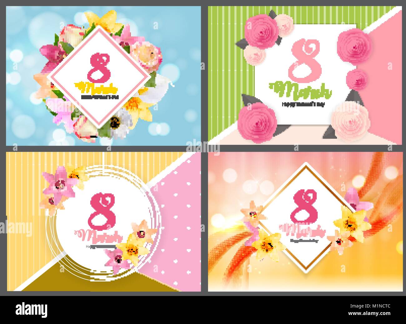 Poster International Happy Women s Day 8 March Floral Greeting card COllection Set Vector Illustration Stock Vector
