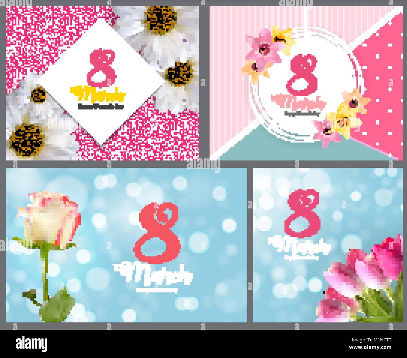 Poster International Happy Women's Day 8 March Floral Greeting card COllection Set Vector Illustration Stock Vector