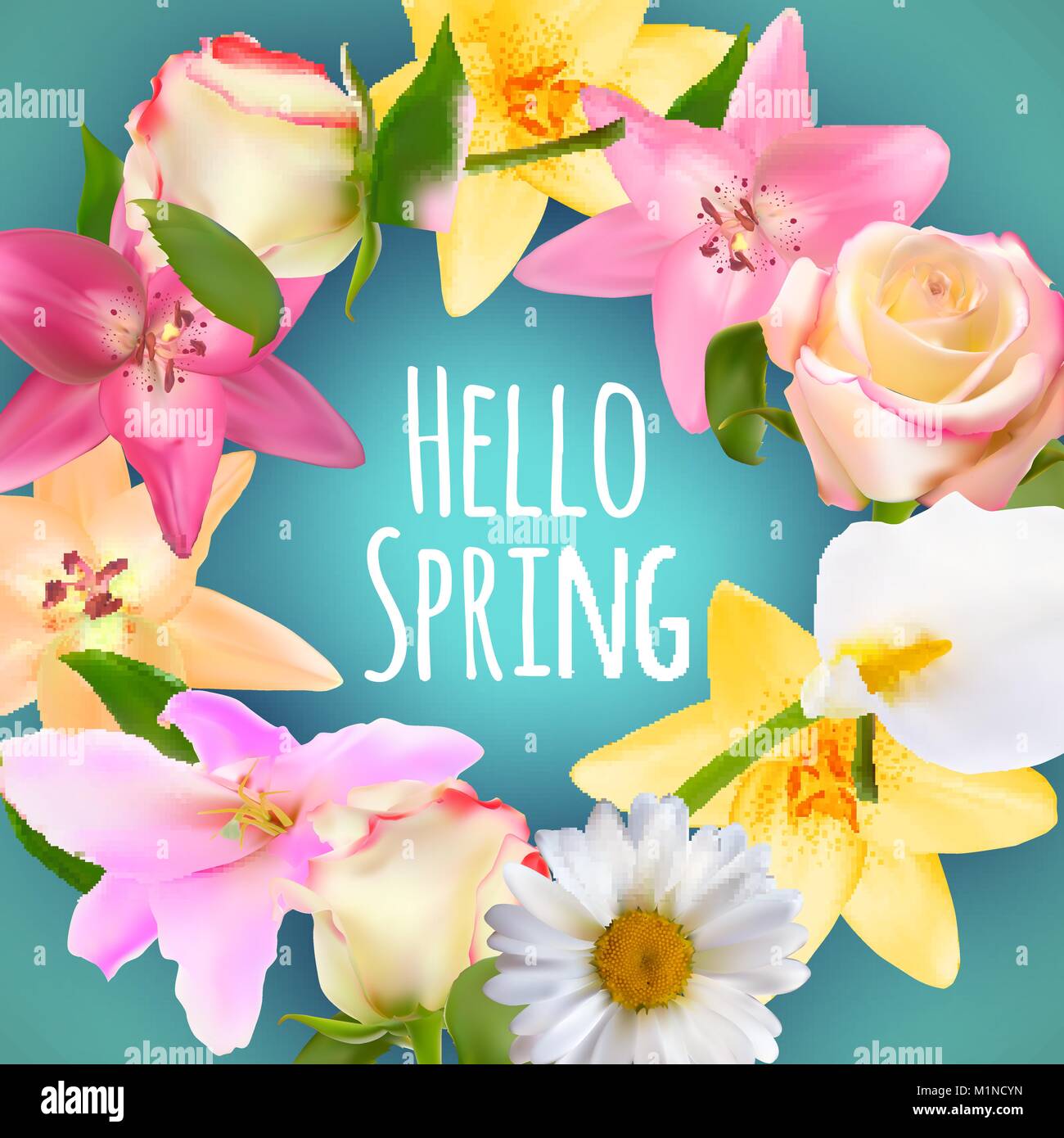 Hello Spring Banner Greetings Design Background with Colorful Flower