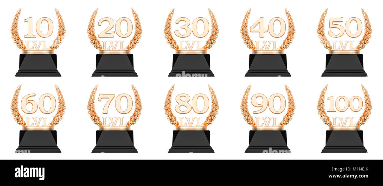 Golden trophy level cups 10, 20, 30, 40, 50, 60, 70, 80, 90, 100. 3D rendering isolated on white background Stock Photo