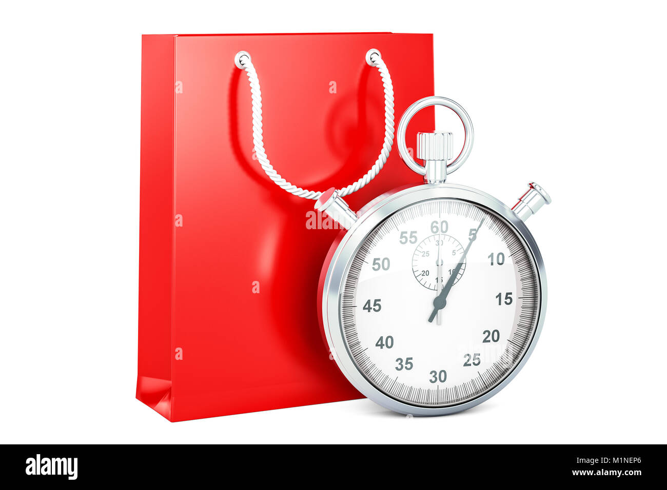 Shopping bag with stopwatch, 3d rendering isolated on white background ...