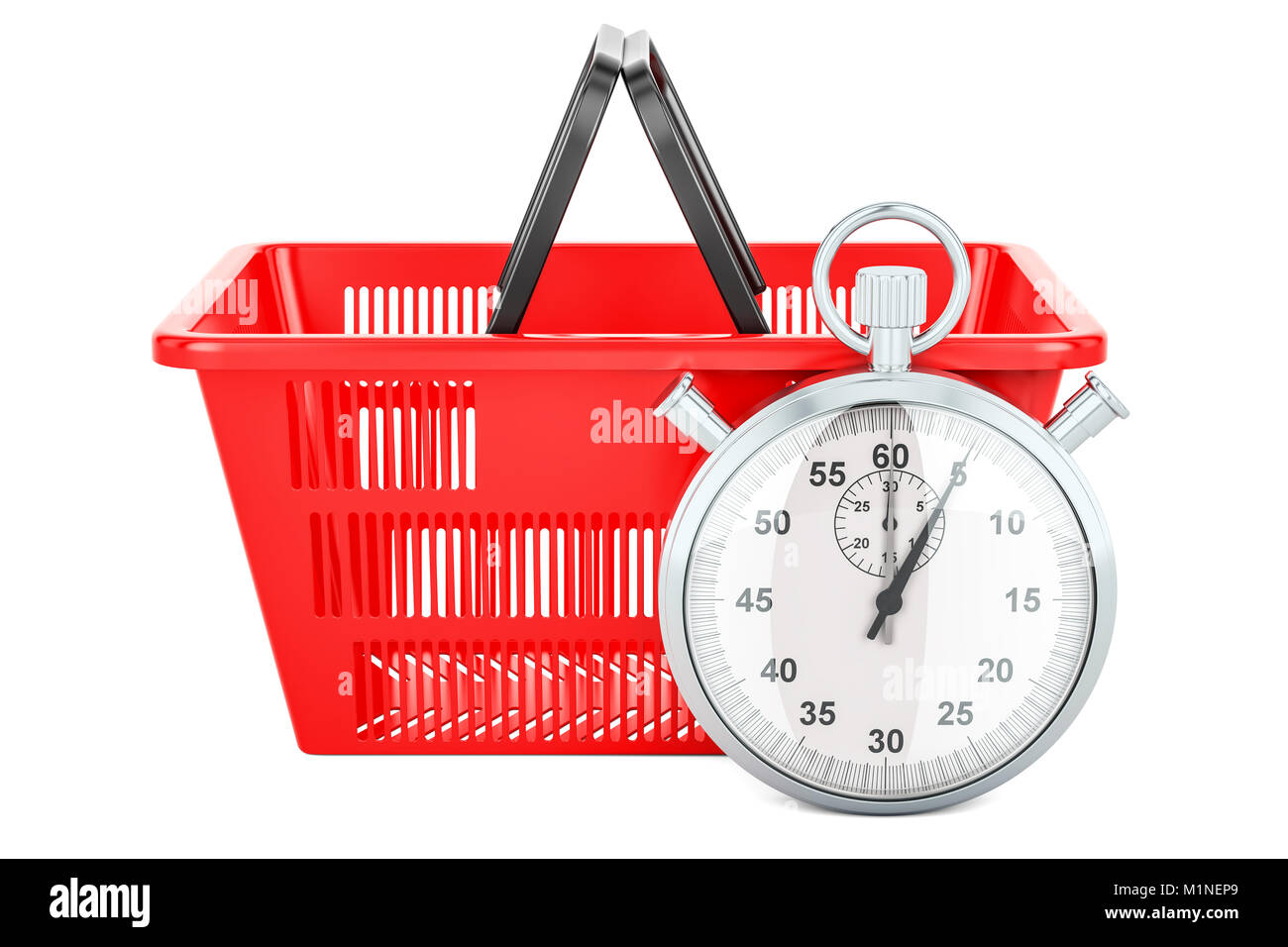 Shopping basket with stopwatch, 3d rendering isolated on white ...