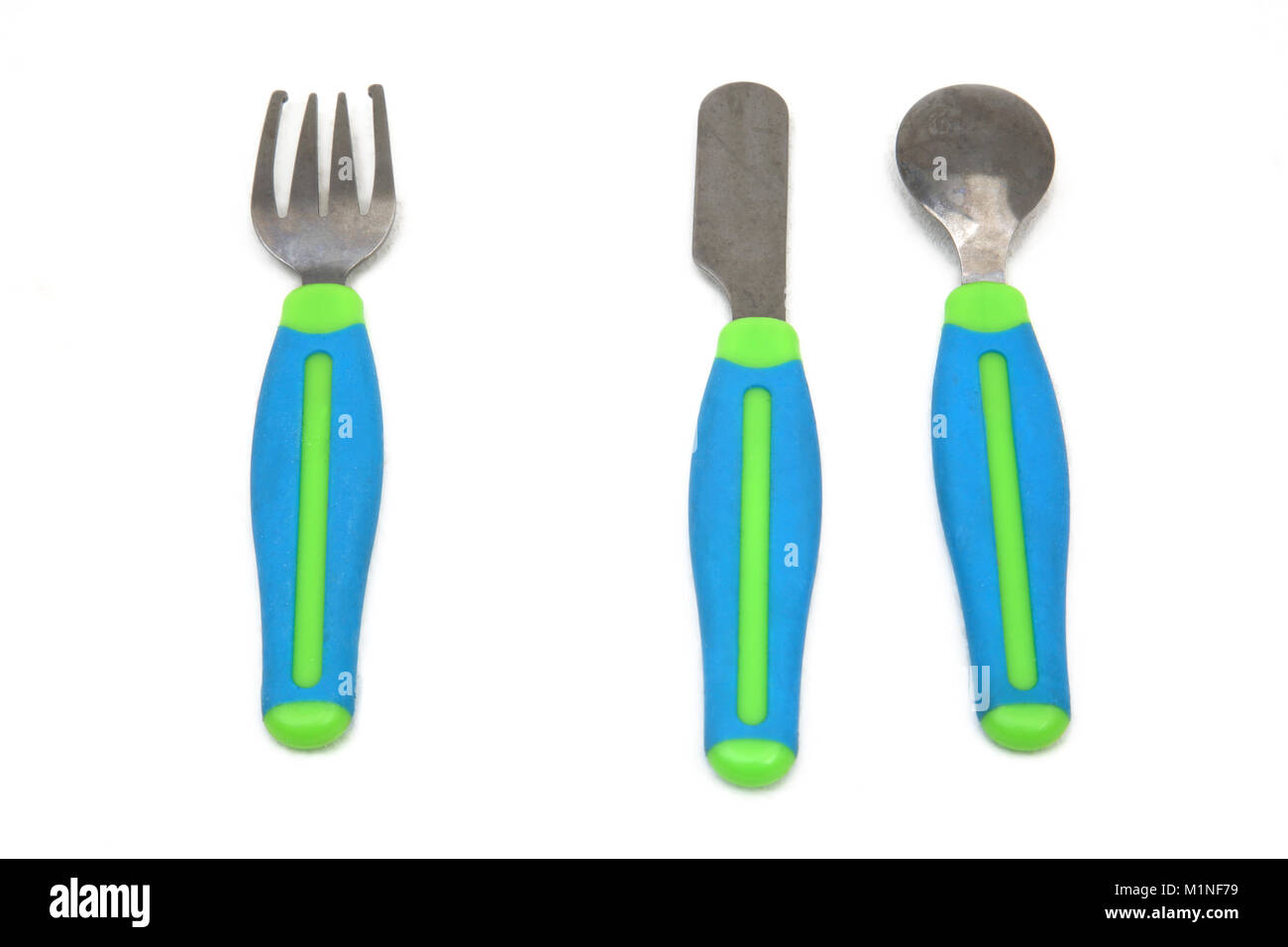 Child's Cutlery with Blue and Green Handles Stock Photo Alamy