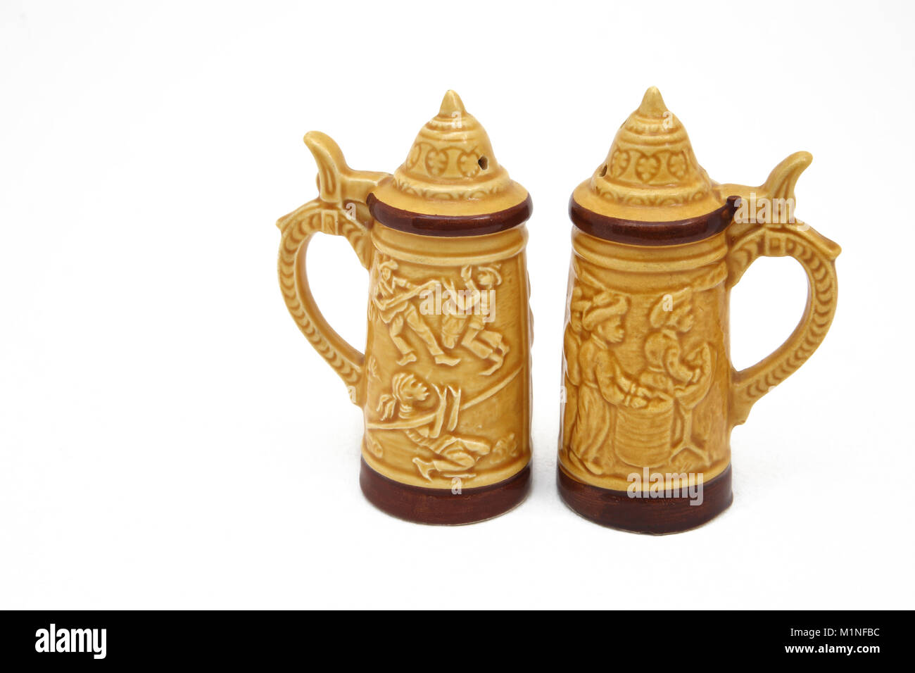 Stein Salt and Pepper Shakers made in Japan Decorated with the Trinidad Limbo Dance and Steel Drums Stock Photo