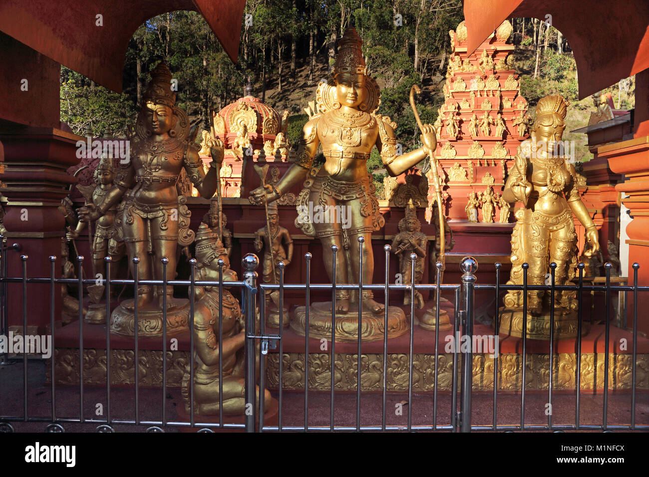 Sita Amman Temple Seetha Eliya Central Province Sri Lanka Said to be the spot where Ravana Held Sita Captive In The Ramayana Gold Statues of Lord Rama Stock Photo