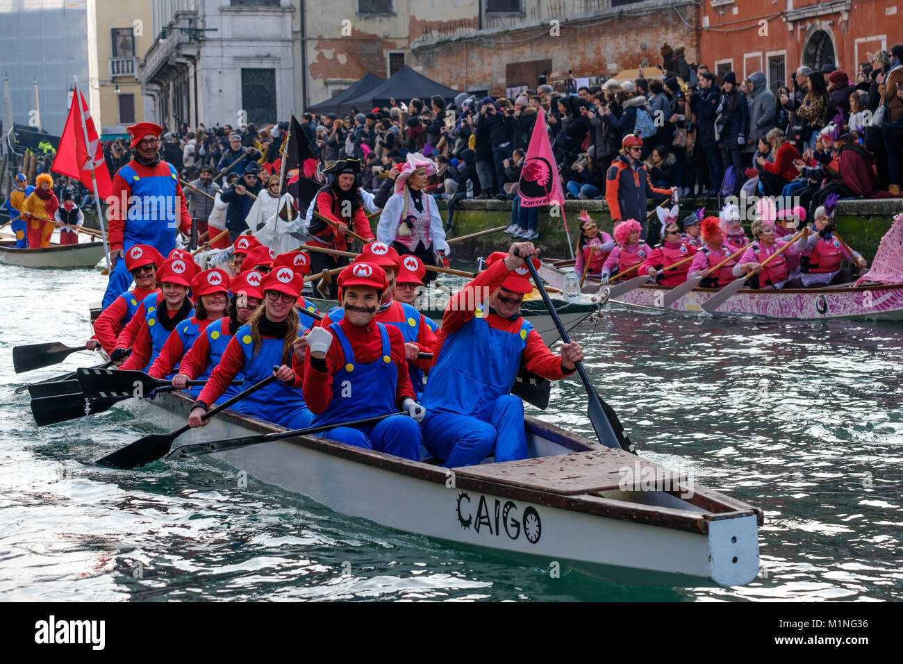 Super Mario masquerade in the water parade of the Venice Carnival 2018. Rio  di Cannaregio, Venice, Italy. January 28, 2018 Stock Photo - Alamy