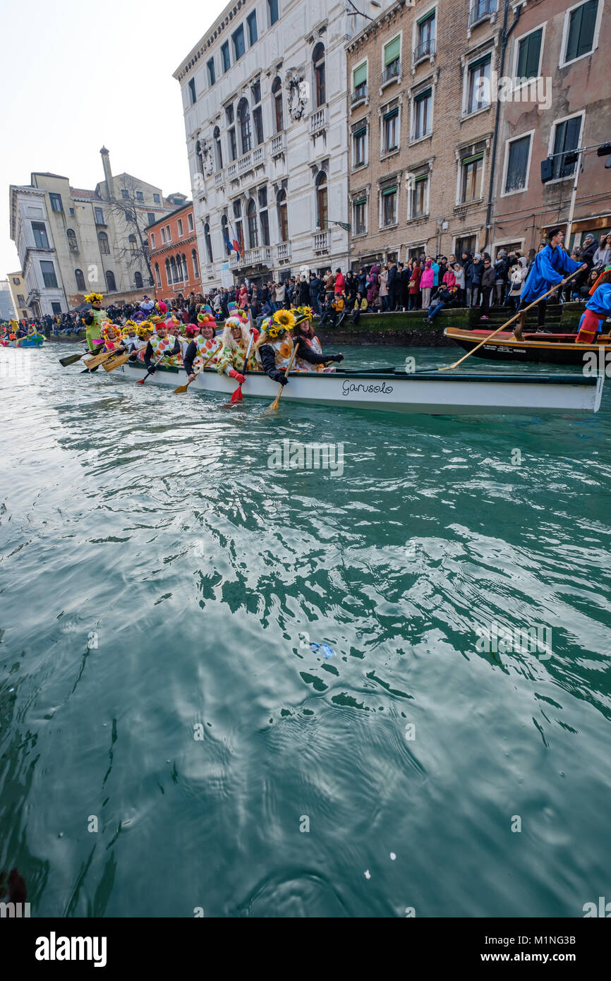Venice Carnival 2018, the water masquerade parade. Rio di Cannaregio, Venice, Italy. January 28, 2018. Stock Photo