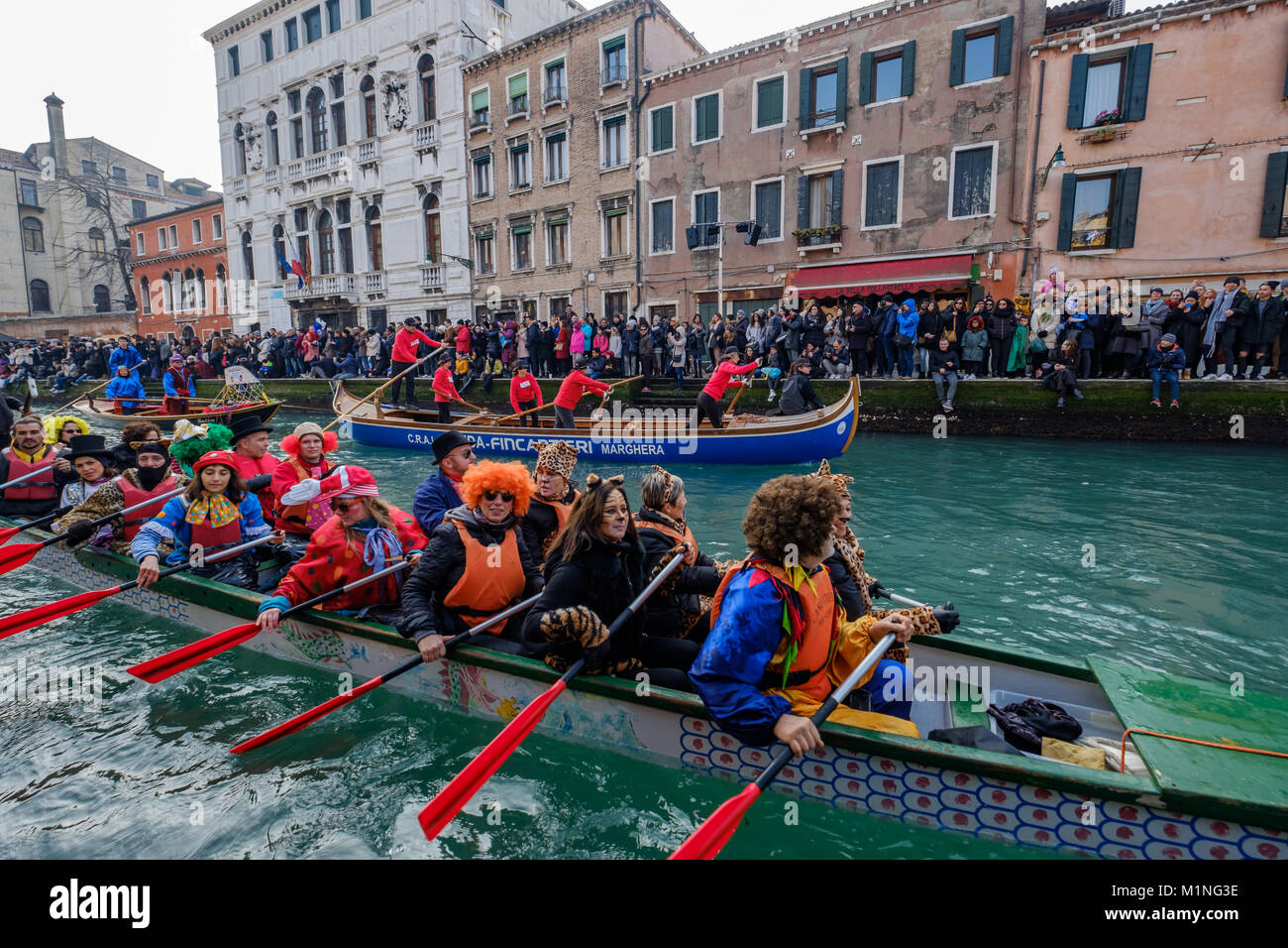 Venice Carnival 2018, the water masquerade parade. Rio di Cannaregio, Venice, Italy. January 28, 2018. Stock Photo