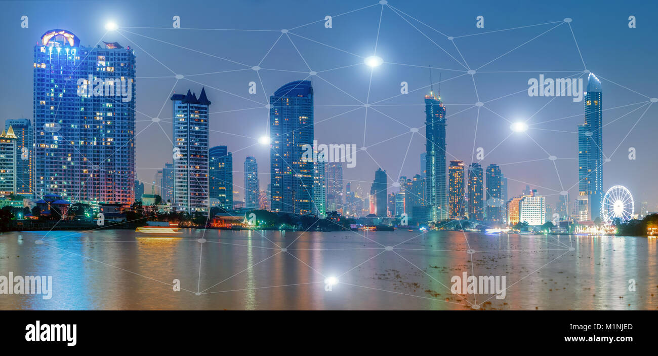 City of bangkok at sunset and business network connections concept / Panorama Stock Photo