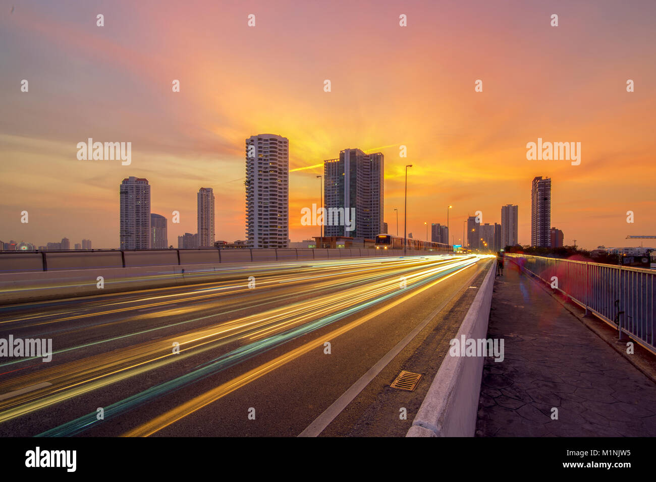 Bangkok Cityscape Expressway and Highway top view at night, Thailand Stock Photo