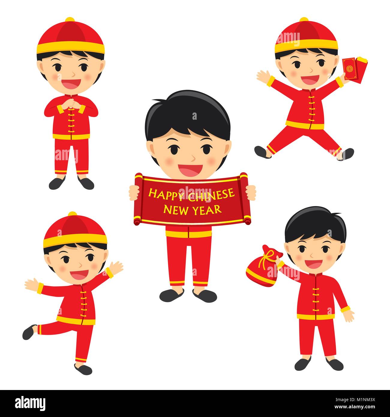 Happy chinese new year boy in traditional clothes celebrate. Set of character cartoon isolated on white background. Stock Vector