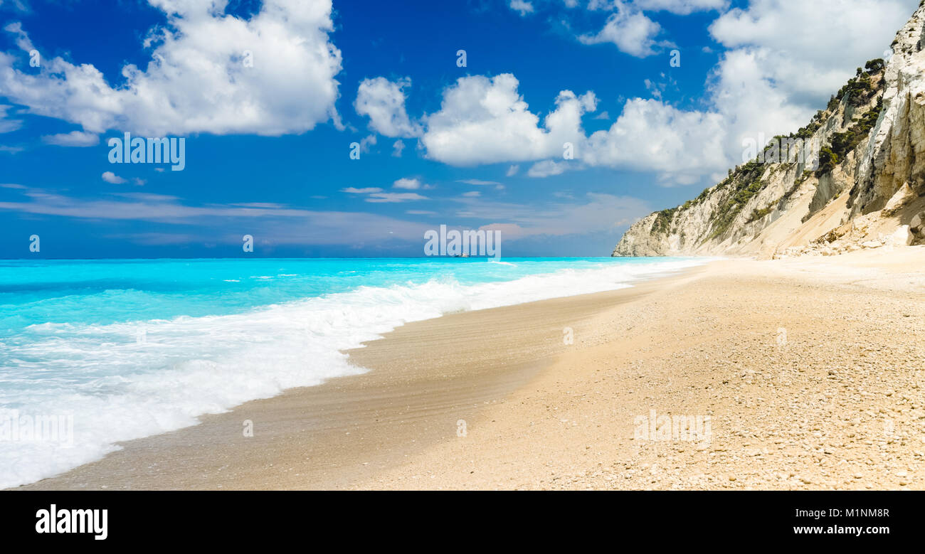 Detailed panorama of Egremni beach on the island of Lefkada, Greece on a sunny day Stock Photo