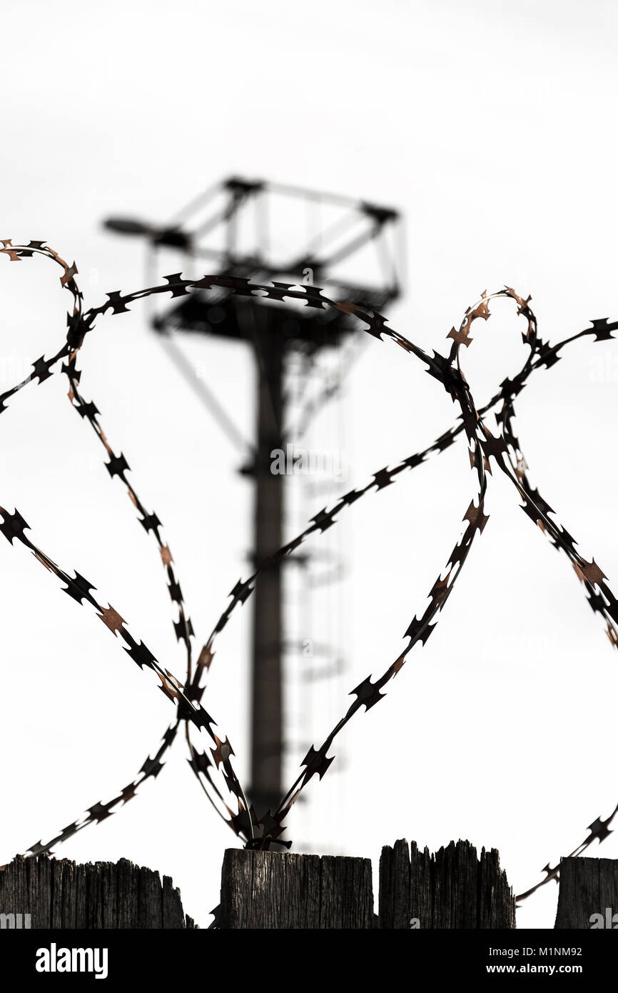 Barbed wire on the fence area with restricted access. Stock Photo