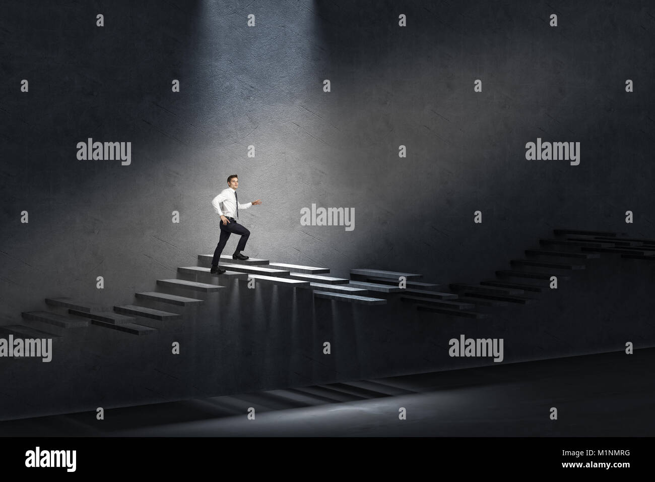 man walks on an abstract 3d staircase uncertainty concept Stock Photo